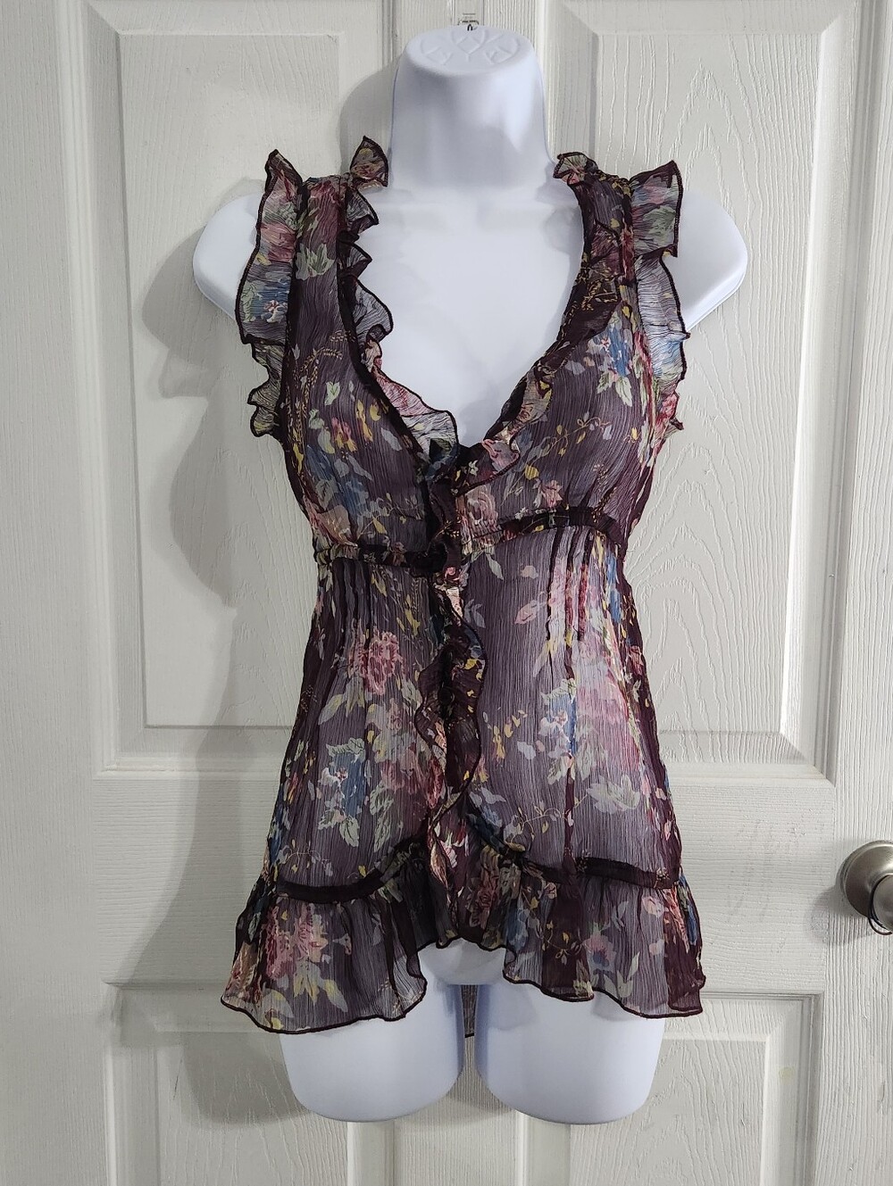 VTG Y2K sheer garden floral ruffled blouse feminine soft romantic SM button up